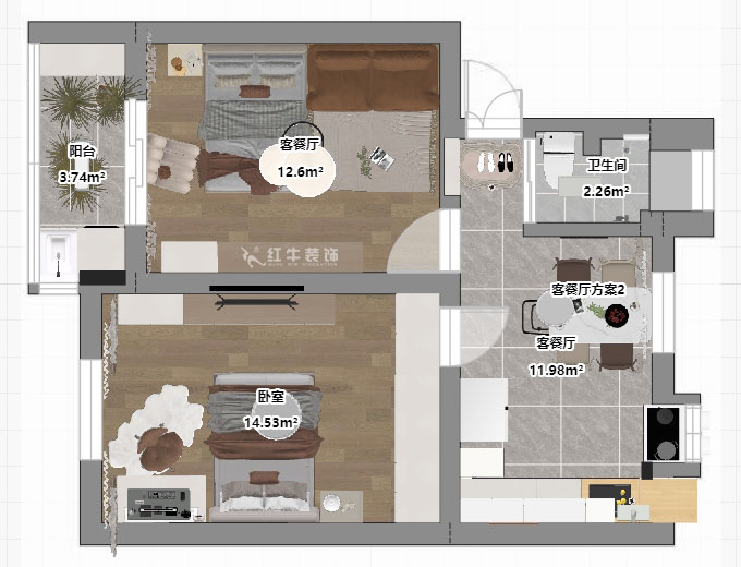 蒋琛｜瑞金路4号11-202-60㎡-简约奶油风｜2室1厅1卫｜二手房装修｜定制家｜全包9万｜00_03平面彩图
